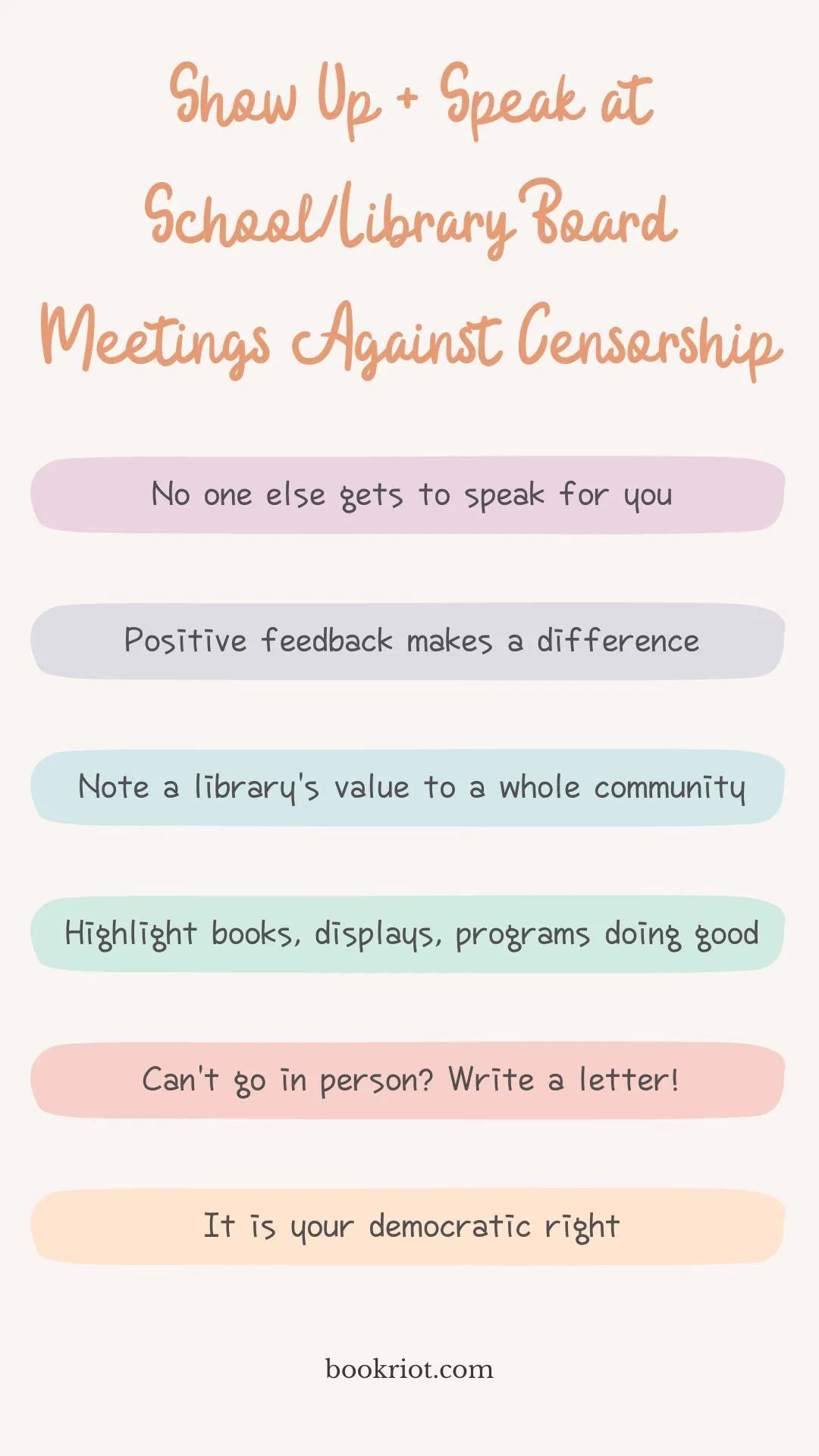 Shareable graphic featuring a list of reasons why showing up to school and library board meetings is important. These are highlights from the above text. 