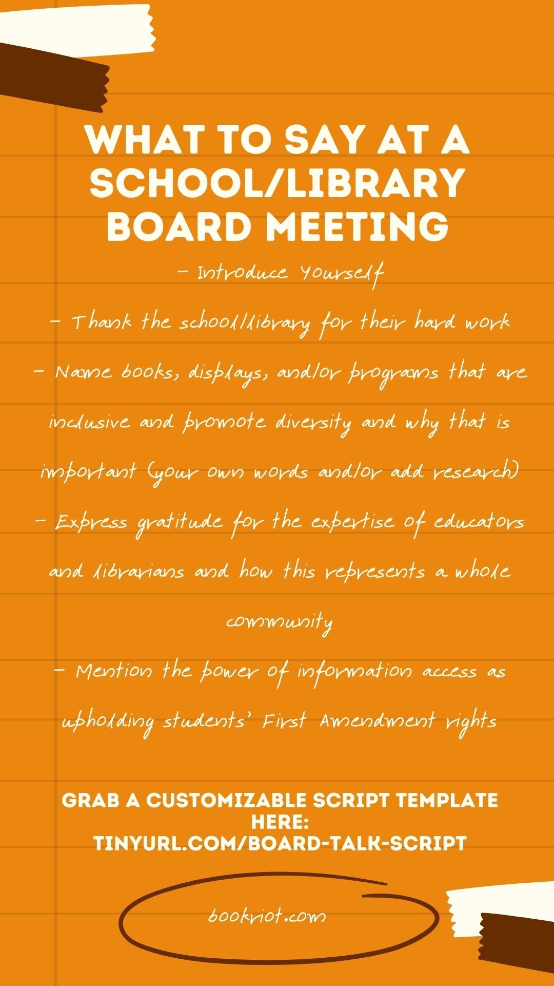 Shareable graphic outlining what to say at school or library board meetings. Information is condensed from the post.