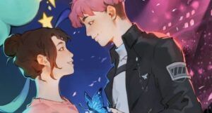 a cropped cover of once upon a k-prom showing an illustration of two teens looking into each other's eyes at a dance