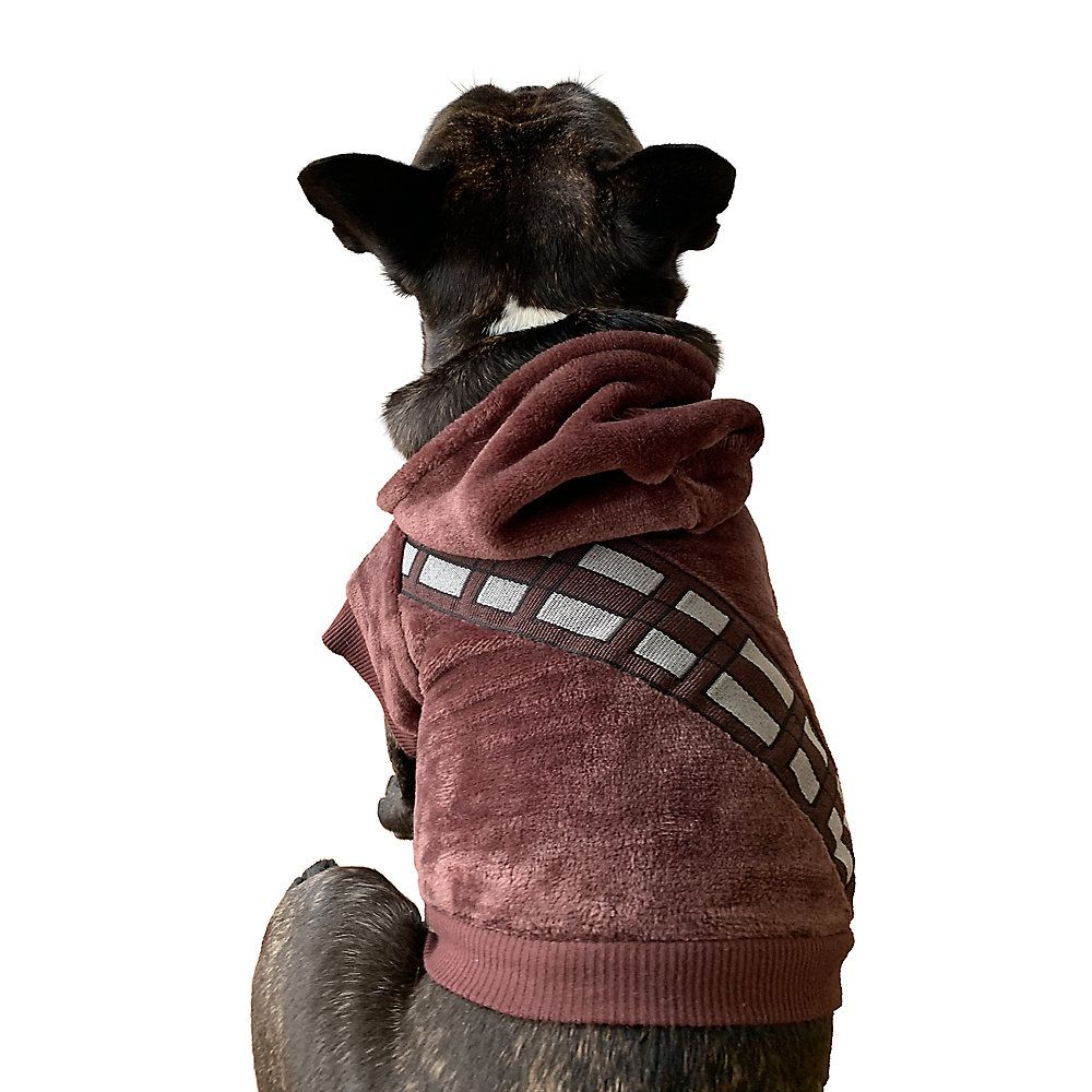 a photo of a dog wearing a Chewbecca hoodie