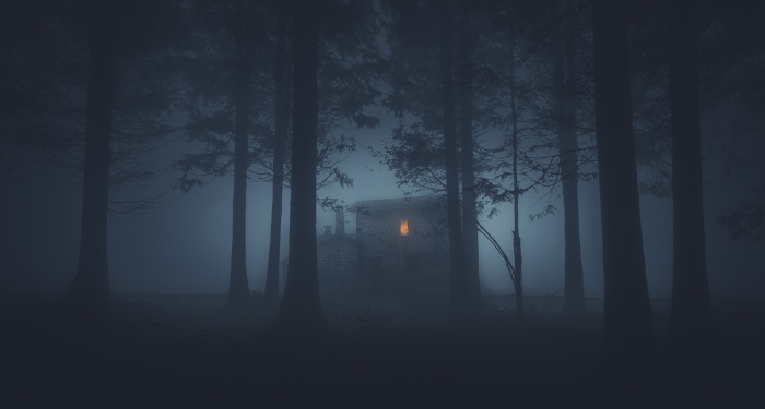 a house in the woods at night, surrounded by fog