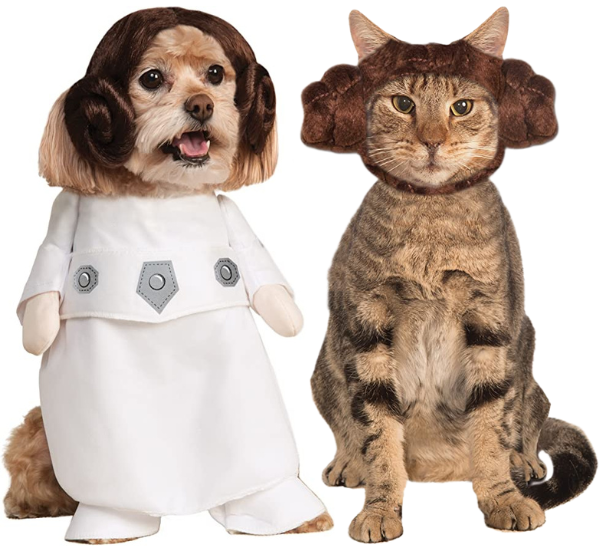 photos of a dog and cat in Princess Leia costumes