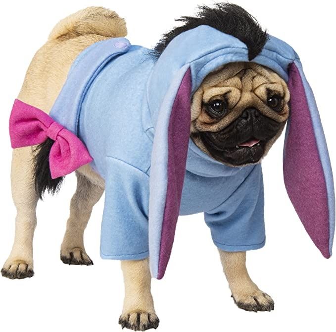 a photo of a pug in an eeyore costume