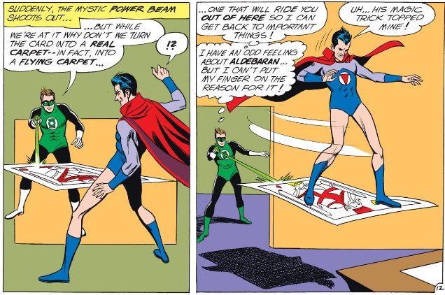 Green Lantern sends Ferenc Aldebaran away on a giant playing card