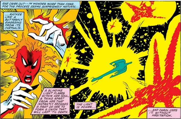 two panels from Uncanny X-Men showing Mar-Vell using light to shoot down spaceships