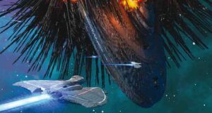 a cropped version of the cover of Ninefox Gambit, featuring spaceships
