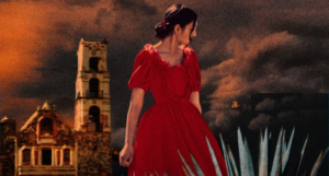 a cropped cover of The Hacienda, showing a woman in a red dress against a red cloudy background