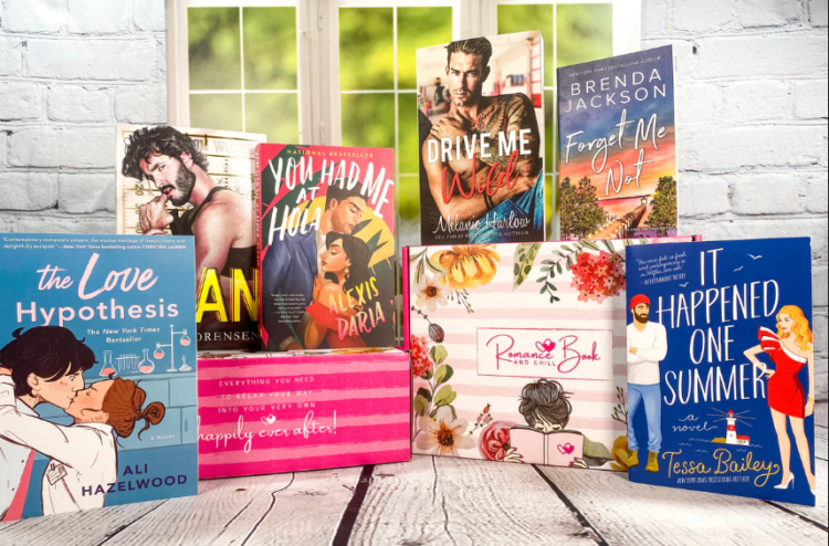 a photo of a Romance Book & Chill book subscriptions box surrounded by romance books