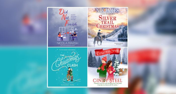 Audio book covers of Did Not Finish by Nicola Marsh, Silver Trail Christmas by Nik James, The Christmas Clash by Suzanne Park, and A Christmas Spark by Cindy Steel