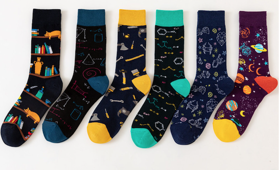 Socks in various sci-fi inspired patterns including equations and space. 