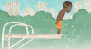 a cropped cover of Jabari Jumps showing a young Black boy at the end of a diving board looking down apprehensively