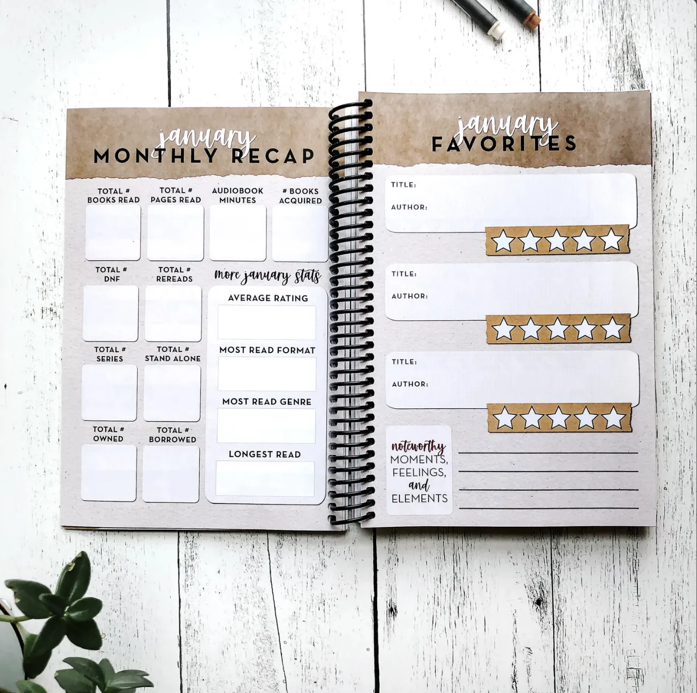 open page of the 2023 reading tracker showing the january monthly recap page and the january favorite books page