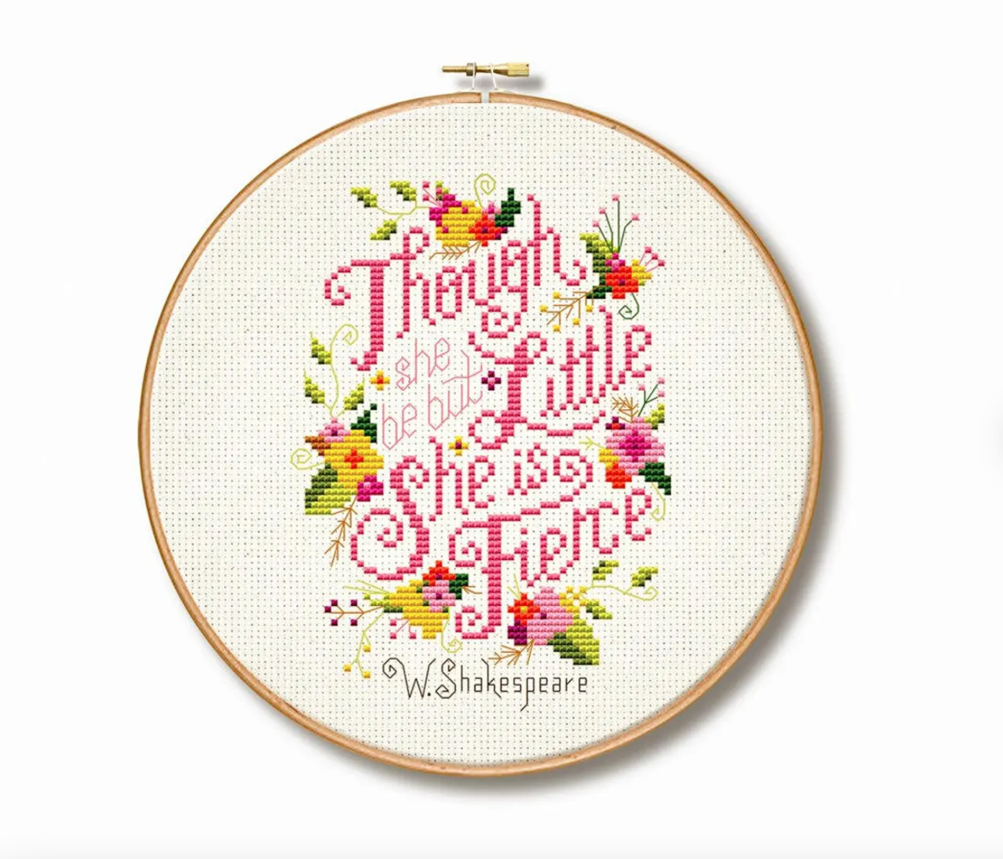 Cross stitch pattern of "Though she be but little she is fierce -W. Shakespeare"