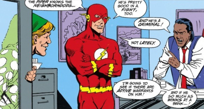 a panel from the Flash showing him defending his ex-villain buddy