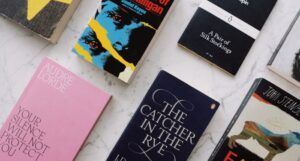 Image of book covers on a marble background