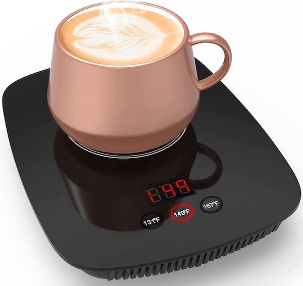 a bac square electric mug warmer with a copper coffee mug on top