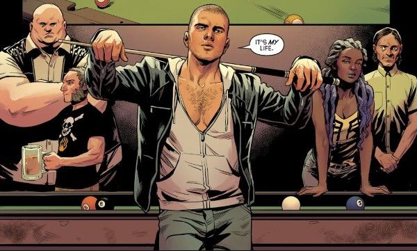 One panel from Nightwing #50. Dick (or "Ric") is leaning against a pool table with a pool cue across his shoulders and his hands draped over it. He is wearing a black jacket open over a gray hoodie that has been unzipped halfway to show his bare chest. His hair is buzzed short.

Dick: It's my life.