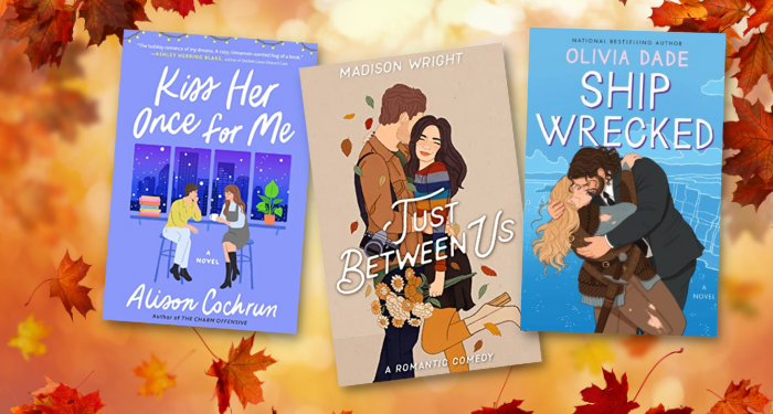 the cover of three of the new romance books listed with a fall leaves background