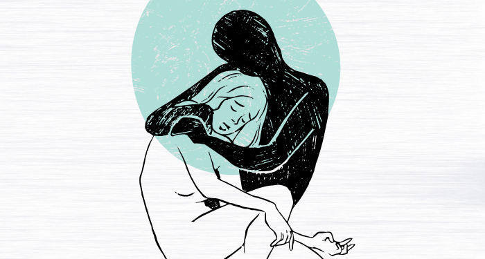 an illustration of someone being embraced by their shadow