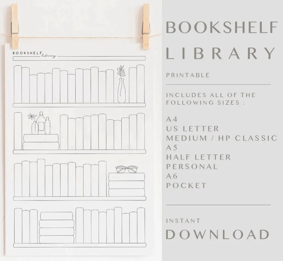 an example of a printable bookshelf reading tracker sheet next to the a list of sizes available 