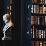 row of dark wooden shelves filled with books in a library with marble busts at the entrance to each row