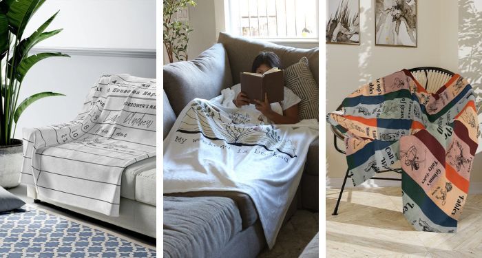 collage of three images of bookish blankets