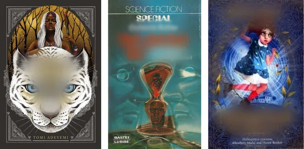 three international covers of fantasy books with text blurred out