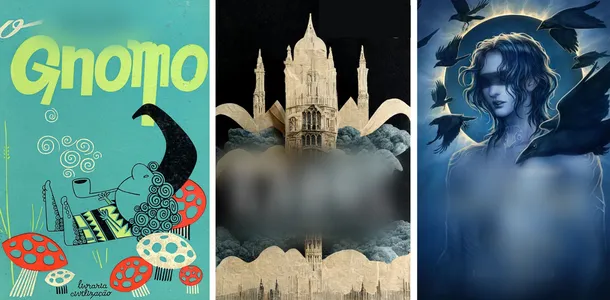 three international covers of fantasy books with text blurred out