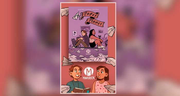 Book cover of PAPER PLANES by Jennie Wood, Dozerdraws, and Micah Myers over a red background with paper airplanes and the Maverick logo between two characters from the graphic novel.