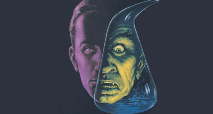 an illustration from a Jekyll and Hyde book cover, showing a face distorted into a monstrous one by a beaker