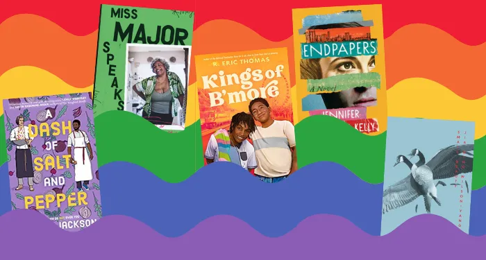a collage of the covers listed with a rainbow background