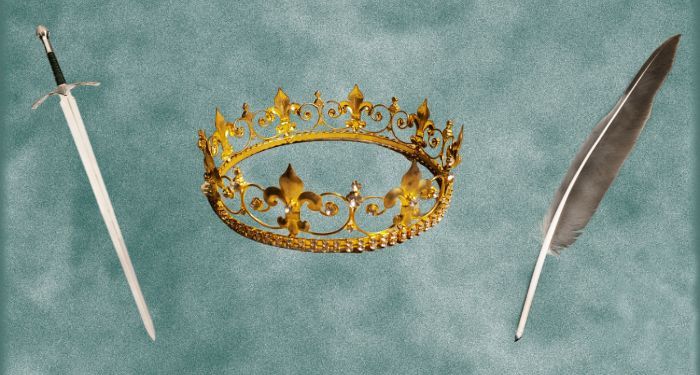 a sword, a crown, and a quill against a blue green background