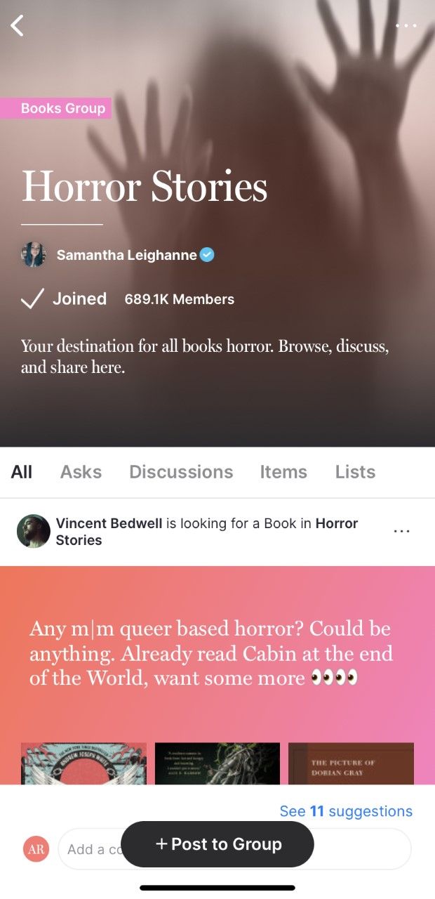 A screenshot of the Horror Stories group in the Likewise App