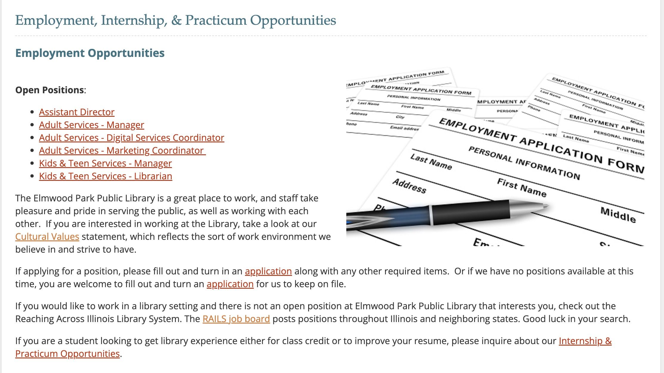 Screen shot of Elmwood Park Public Library job openings page. 