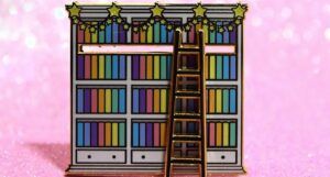 rainbow bookshelf enamel pin