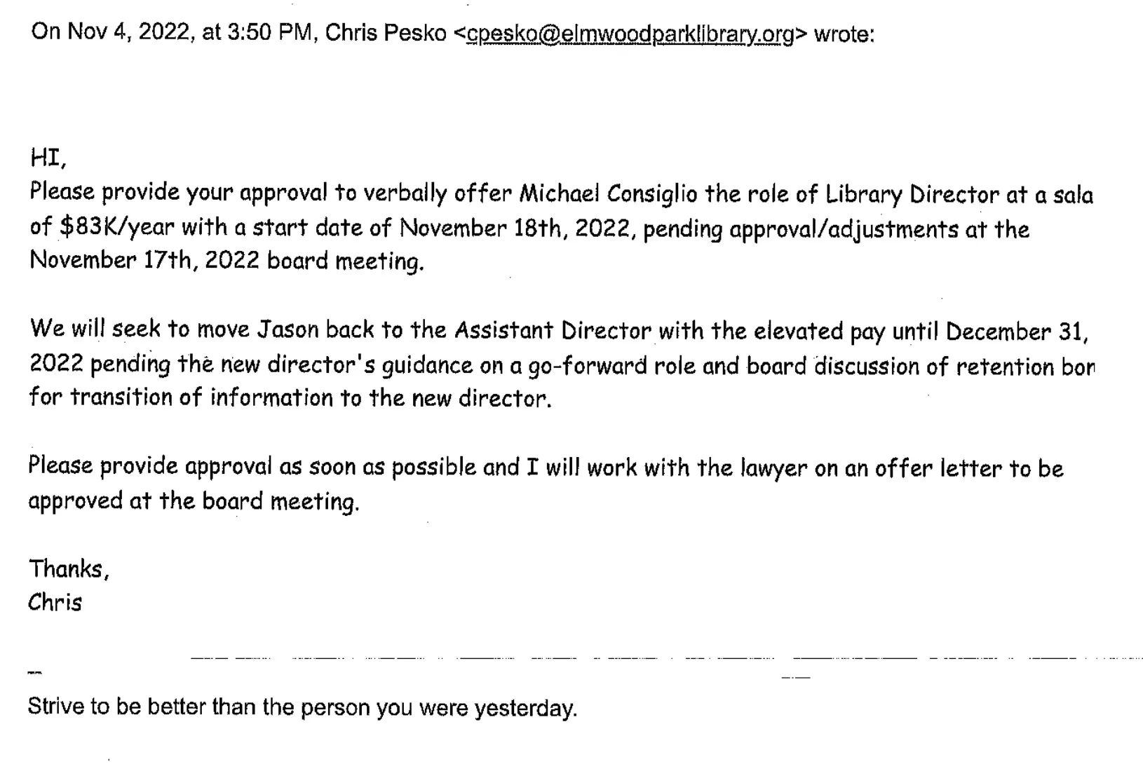 Image of Pesko email for approval of new director. 