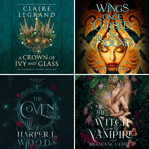 Audiobook covers of The Coven by Harper L. Woods, The Witch and the Vampire by Francesca Flores, Wings Once Cursed & Bound by Piper J. Drake, A Crown of Ivy and Glass by Claire Legrand