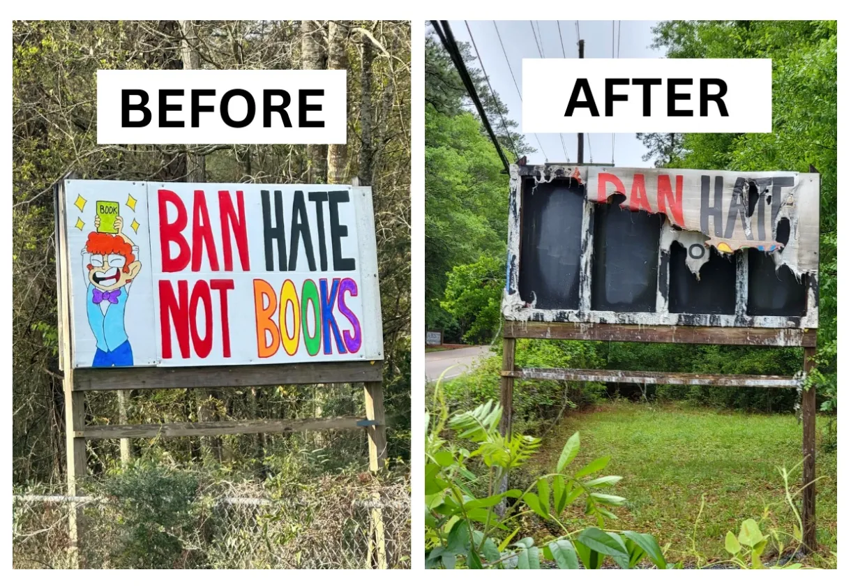 Image of a before and after of the anti-book ban billboard that was burned.