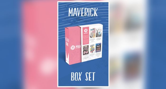 Blue background with white text reading "Maverick Box Set" around an image of the box set.