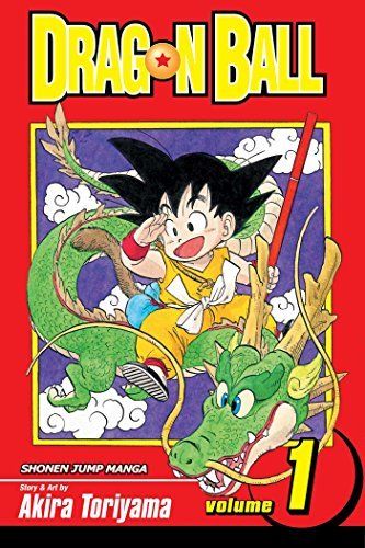 cover of Dragon Ball by Akira Toriyama; illustration of a young man with spiky black hair riding a green dragon