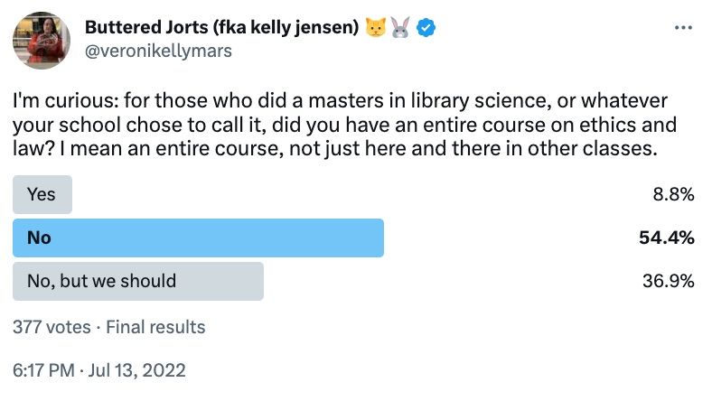 Tweet screen shot asking about library ethics courses.