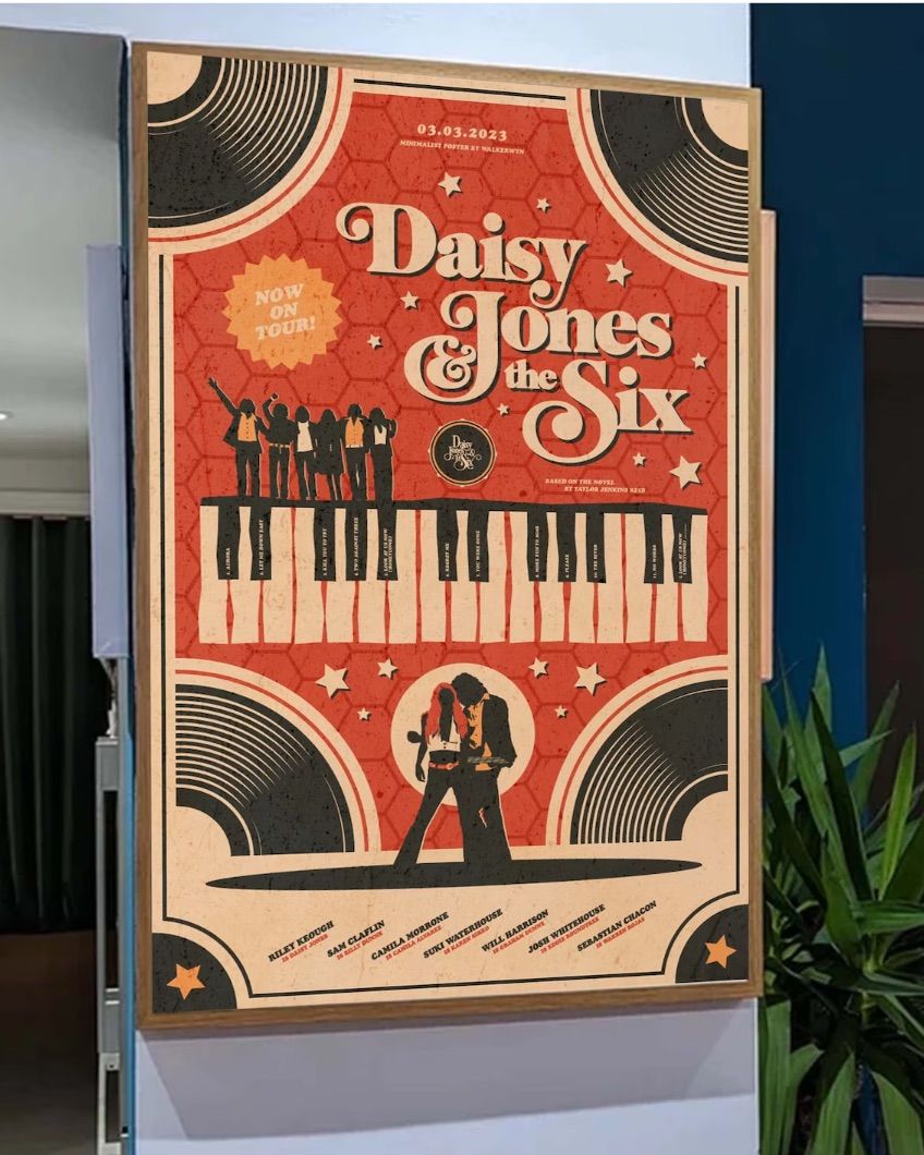 Image of a daisy jones and the six poster that is illustrated in reds, yellows, and oranges.