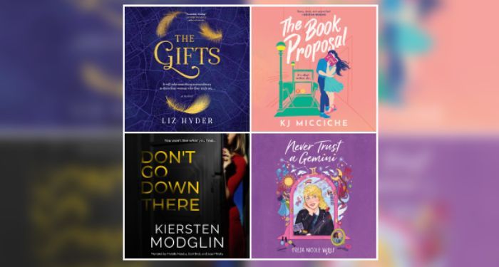 Audiobook covers for The Gifts by Liz Hyder, The Book Proposal by KJ Micciche, Don't Go Down There by Kiersten Modglin, and Never Trust a Gemini by Freja Nicole Woolf