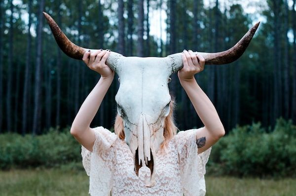 a woman holding up an animal skull wearing white lace while standing in an open field