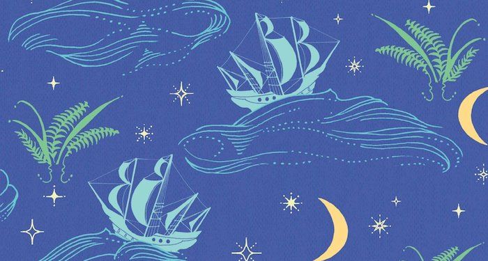 a cropped cover of Peter Pan showing illustrations of ships and moons