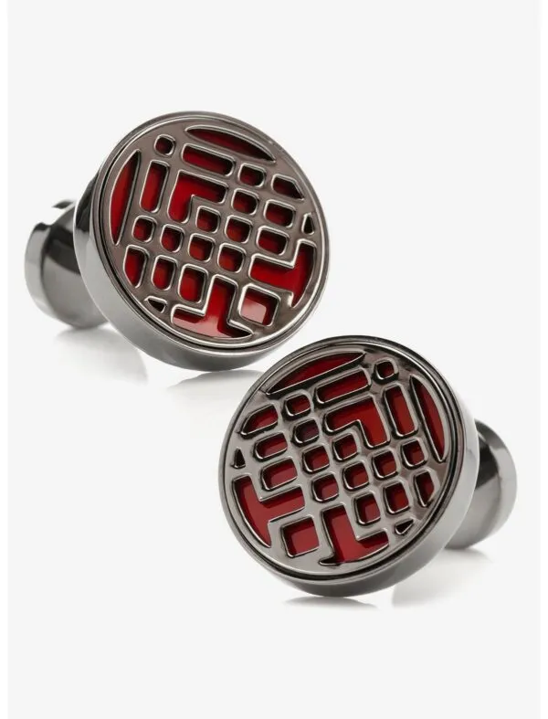 Pair of red and silver cufflinks inspired by Shang-Chi's superhero suit