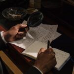 brown-skinned hands holding magnifying glass and looking at papers on a desk