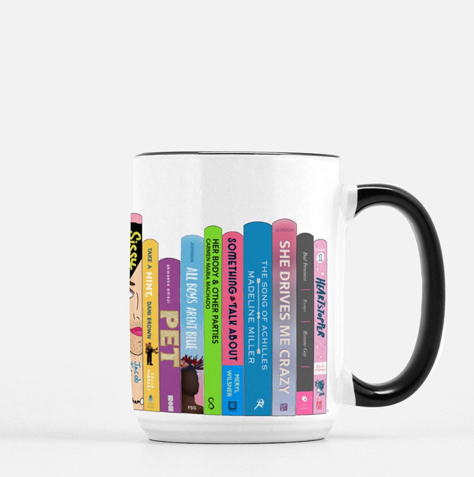 queer book spines on a white mug.