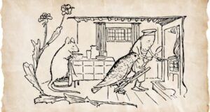 line drawing of a mouse, a bird, and an anthropomorphized sausage in a kitchen