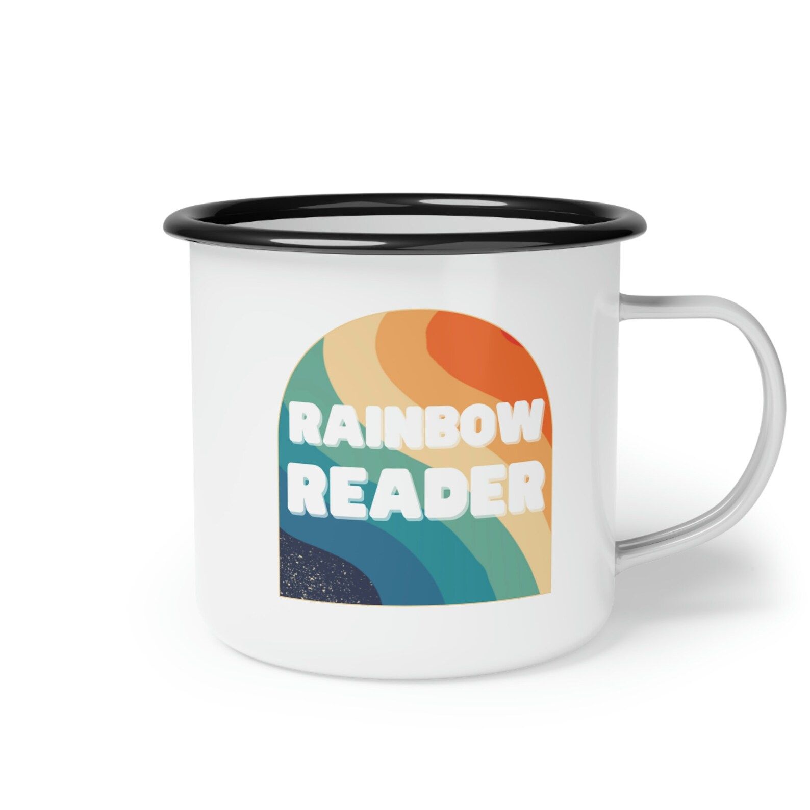 Camper mug that says "rainbow reader."